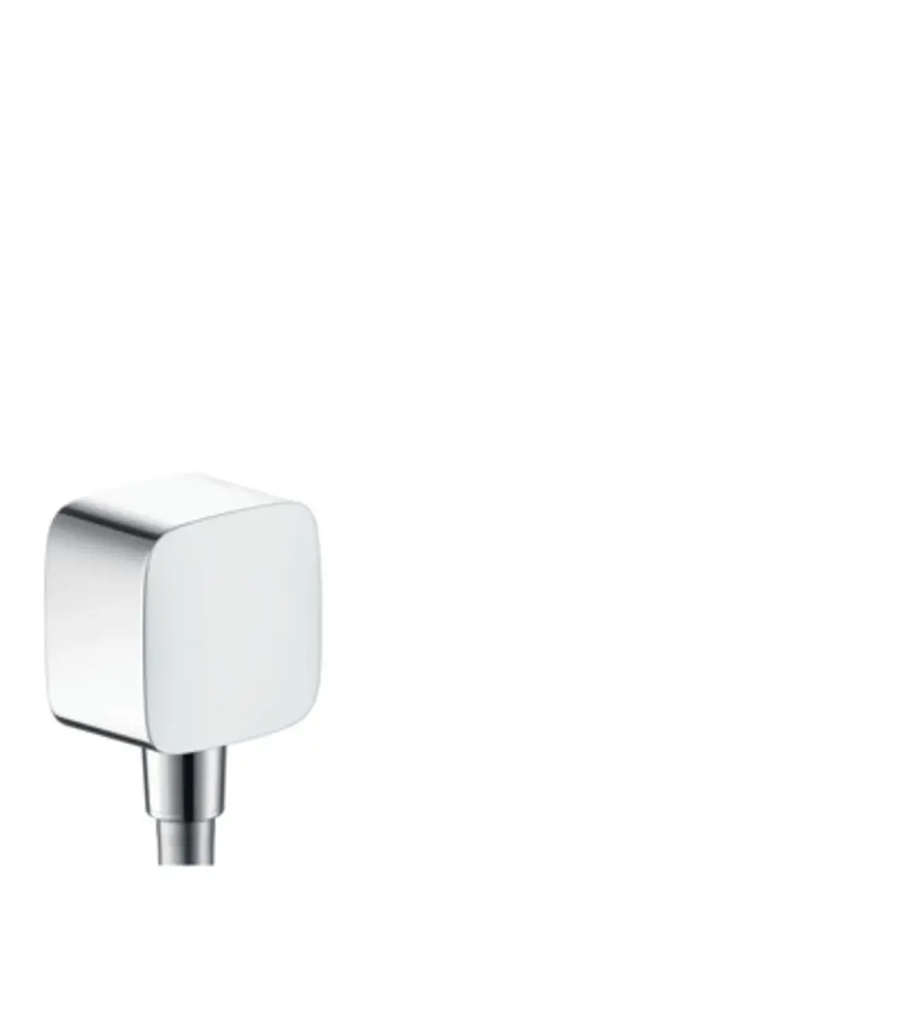 Wandanschluss von Hansgrohe mit quadratischem, chromfarbenem Kopf und integrierten Rückflussverhinderer, zur Befestigung an Wänden.